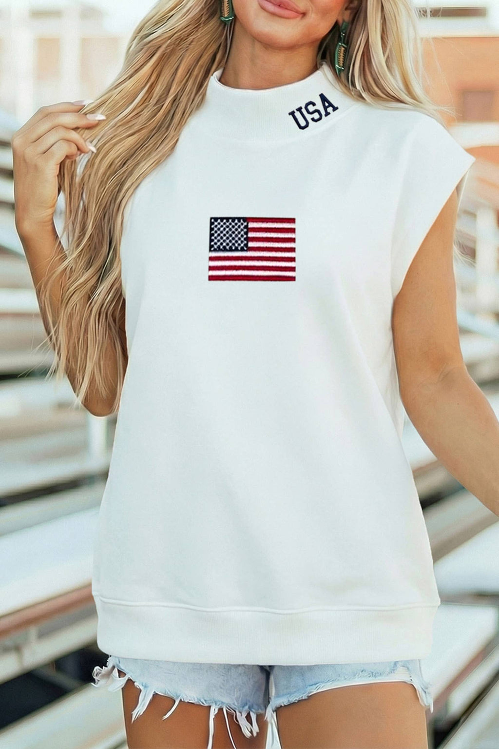 USA Flag Embroidered High Neck Cap Sleeve Top