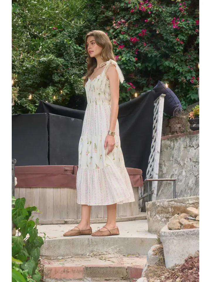 Moon River Mixed Floral Smocked Midi Dress