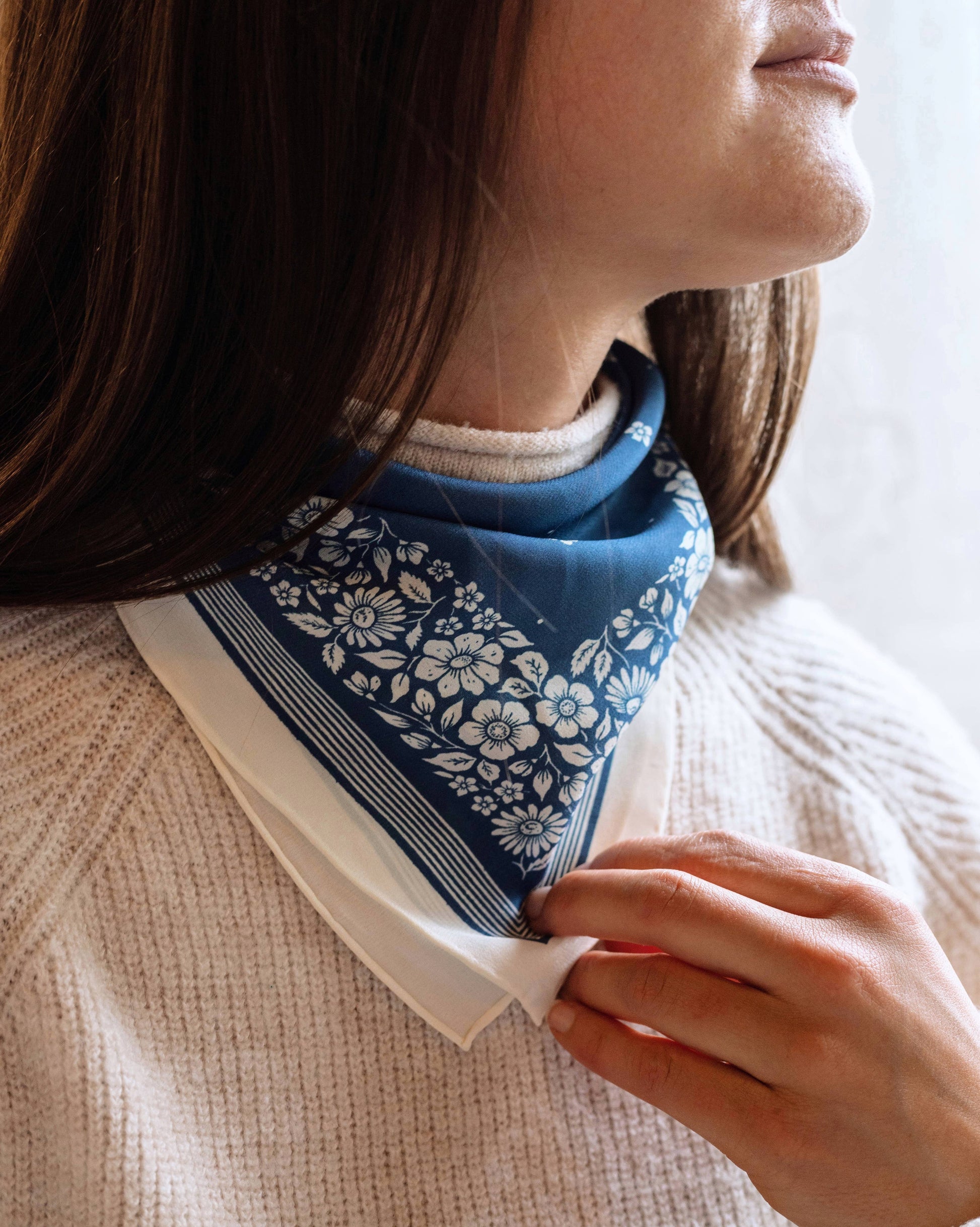 100% Silk Bandana Scarf -Santorini Floral China Blue Western