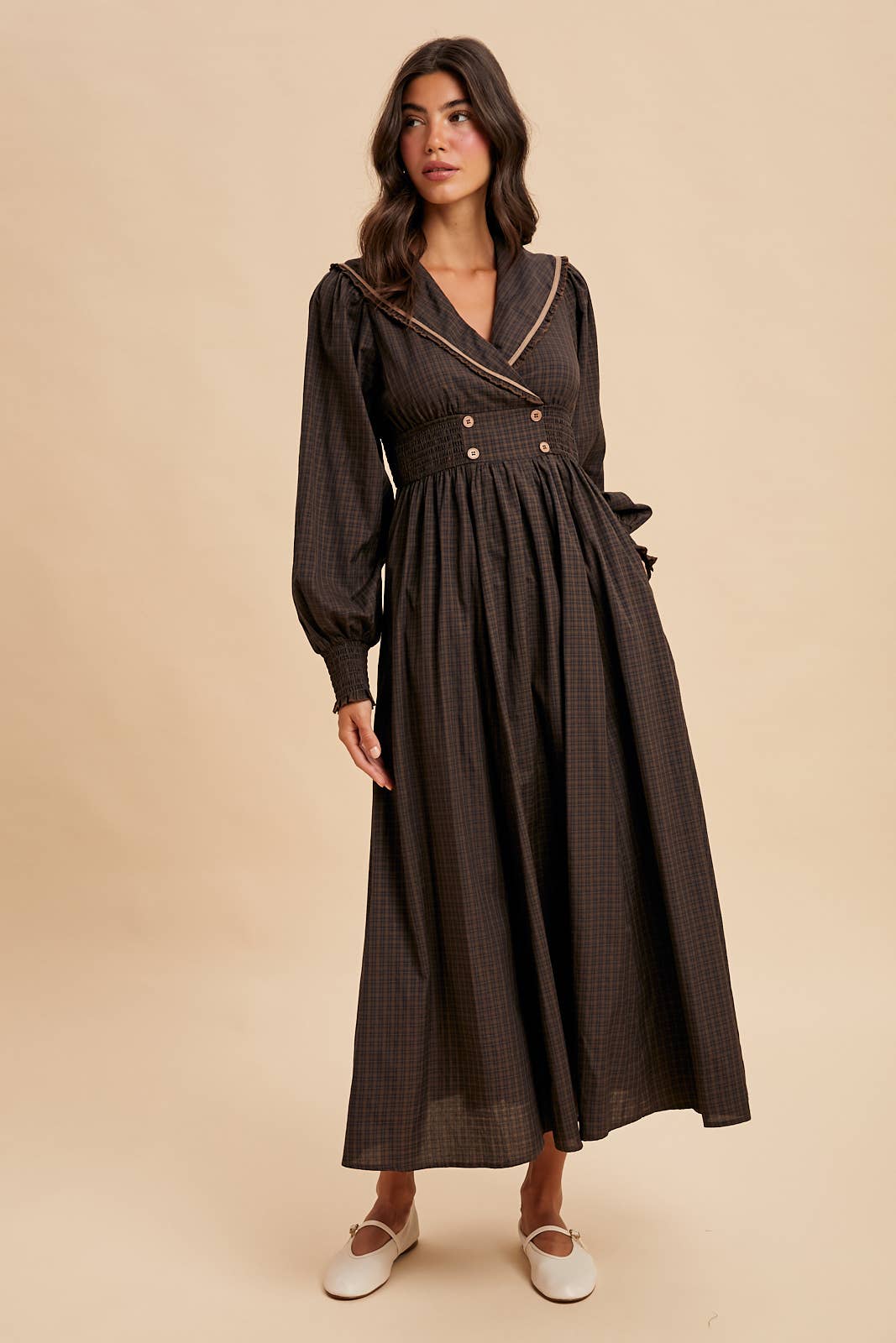 STATEMENT COLLAR SURPLICE PLAID MAXI DRESS