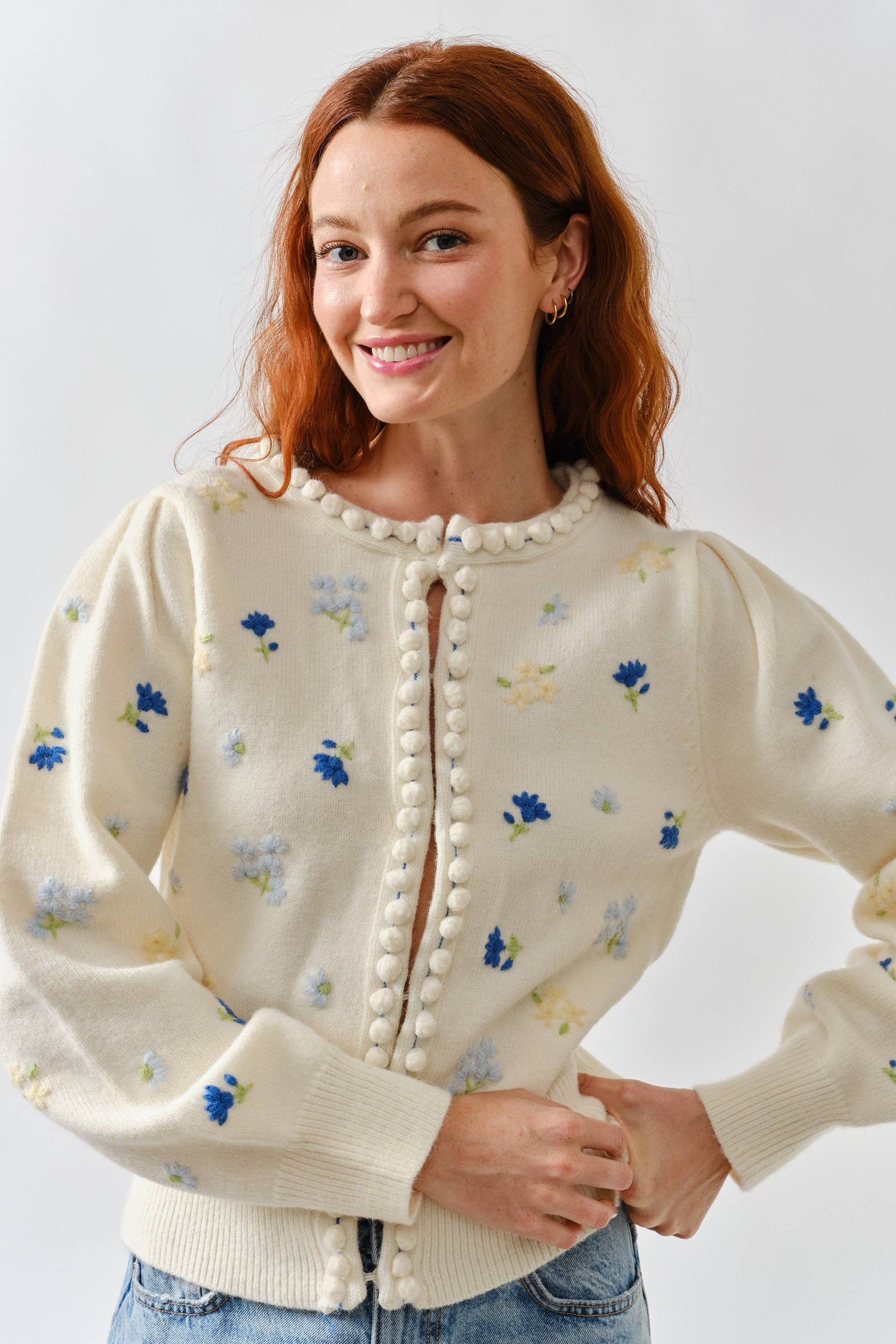 FLOWER EMBROIDERED CARDIGAN W/POMPOM EDGE