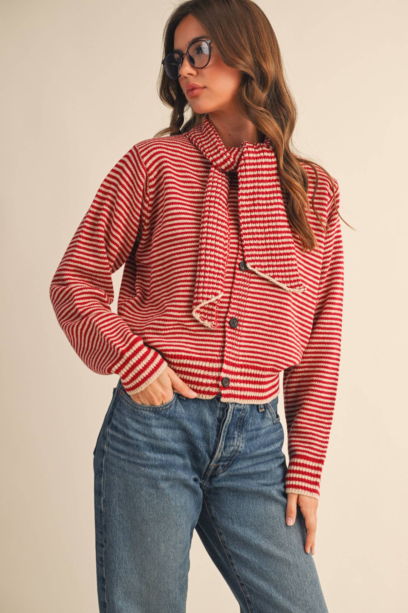 STRIPED TYING NECK SWEATER CARDIGAN MSW11125
