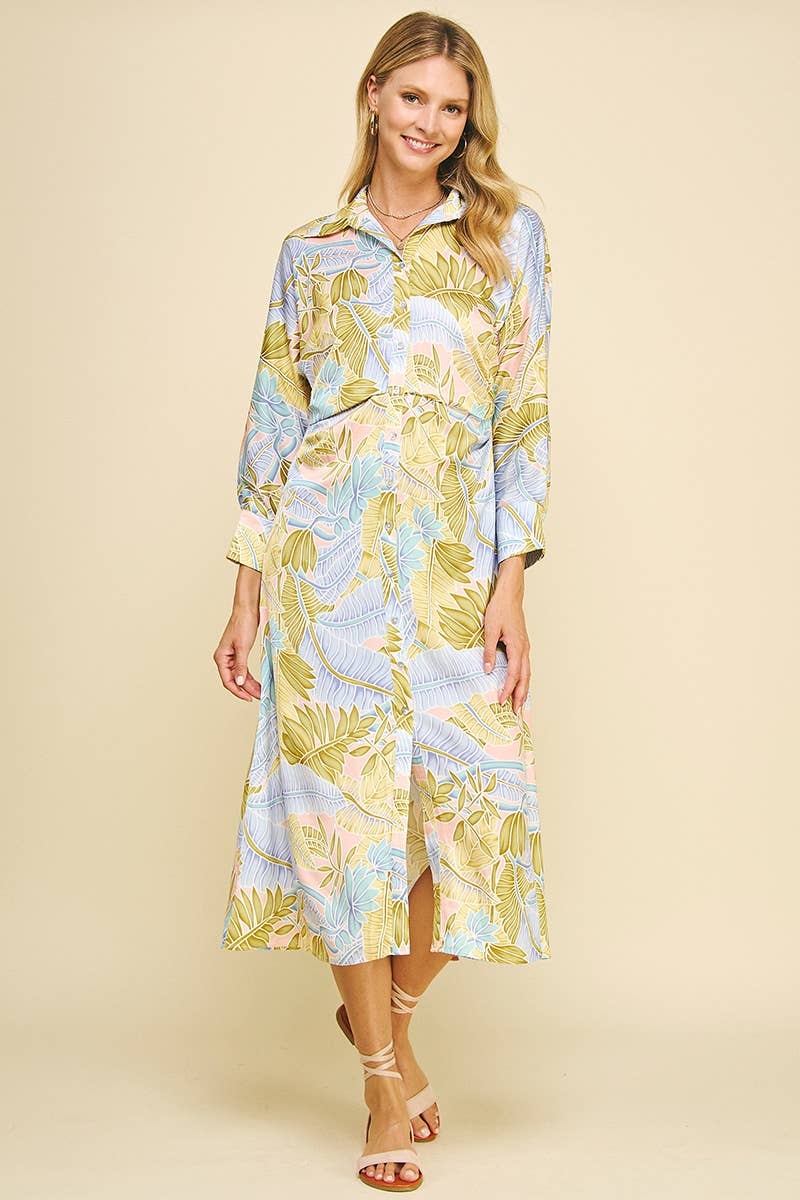 PRINT BUTTON DOWN MIDI DRESS
