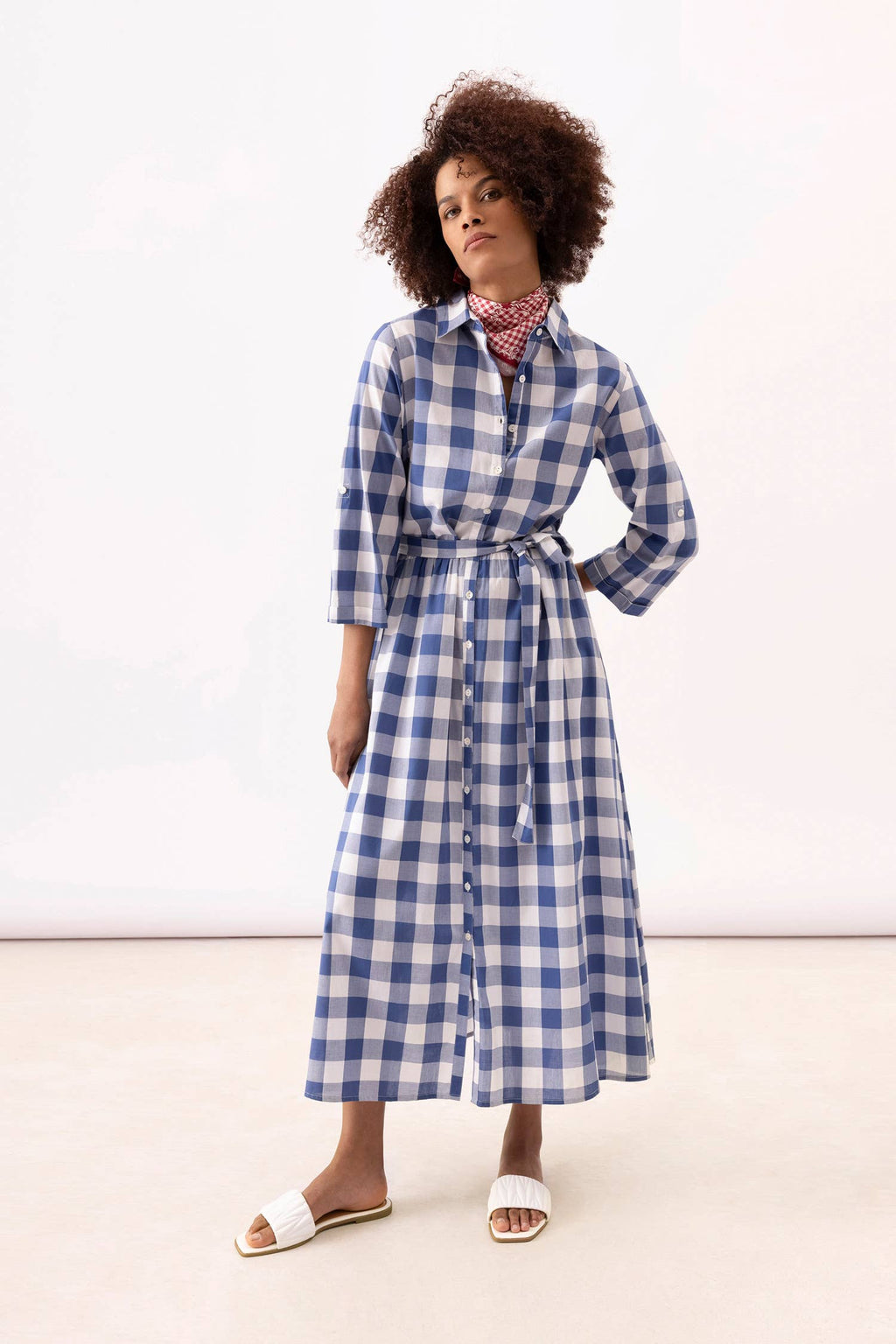 Checkered Shirt Dress - BLUE