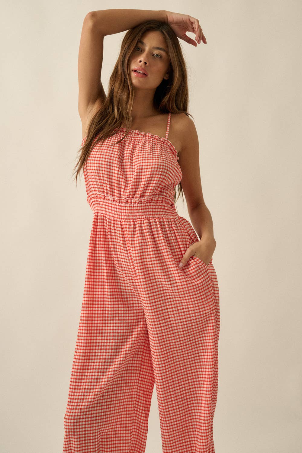 Gingham Plaid Open-Back Jumpsuit