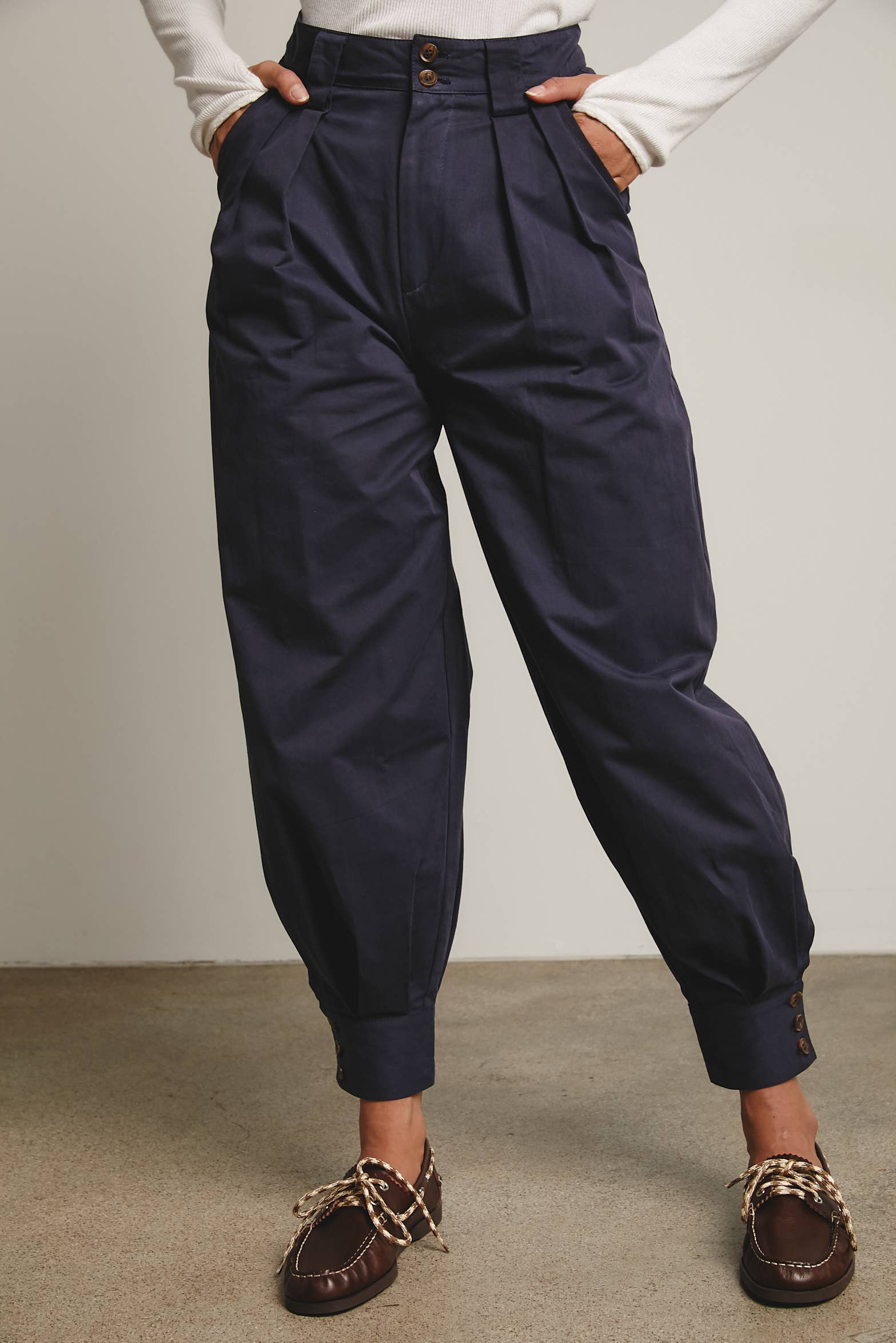 Pleated Cuff Button Tapered Pants