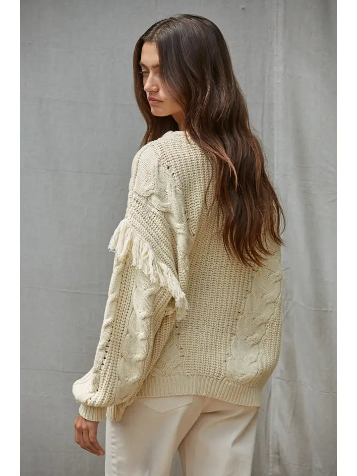 Cable Knit Sweater with Fringe Detail