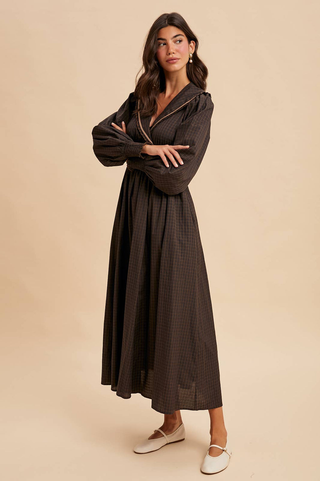 STATEMENT COLLAR SURPLICE PLAID MAXI DRESS
