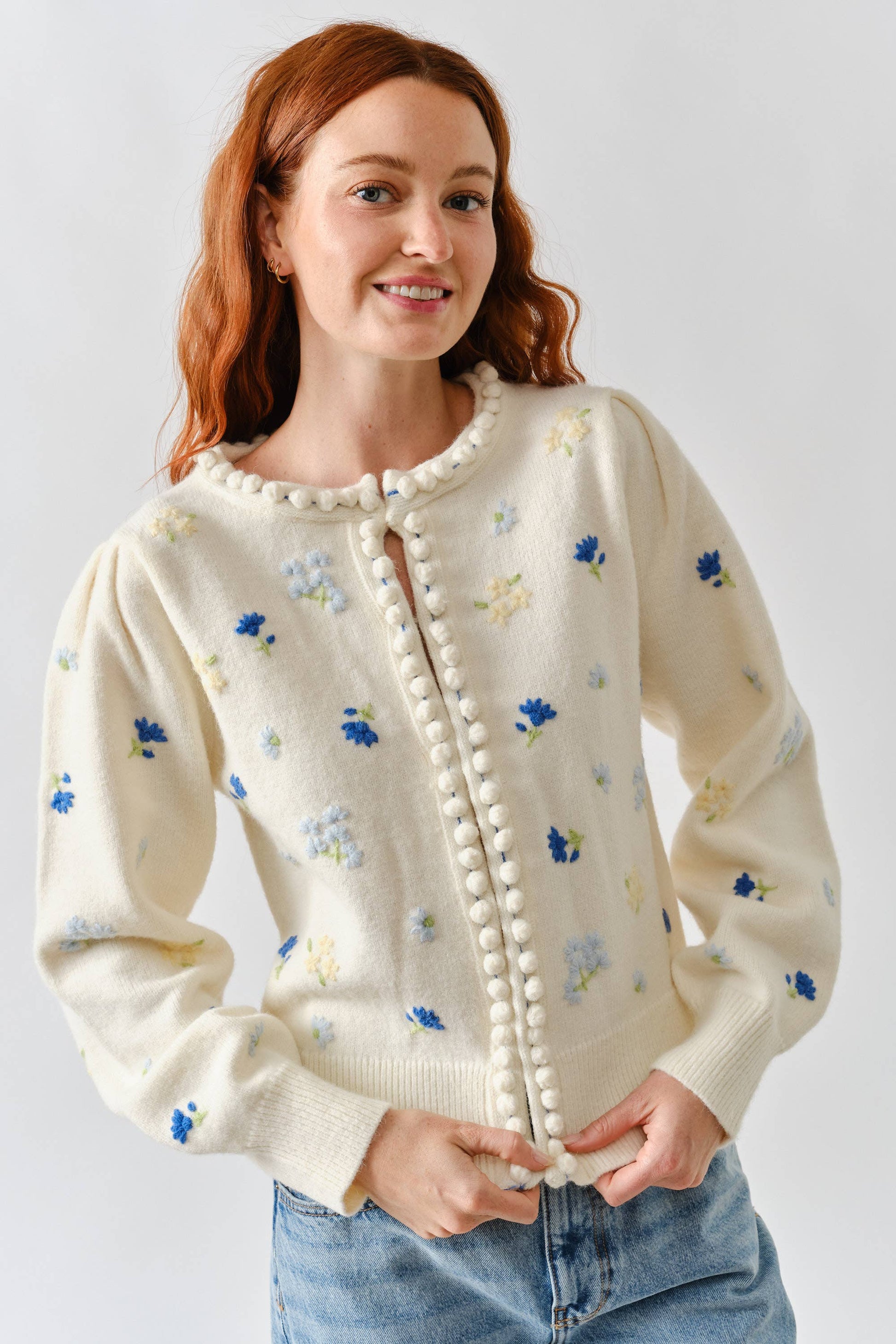 FLOWER EMBROIDERED CARDIGAN W/POMPOM EDGE