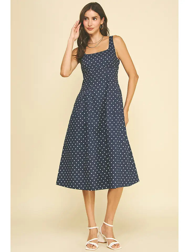 PINCH Polka Dot Flared Midi Dress - Navy & White A-Line Summer Gown