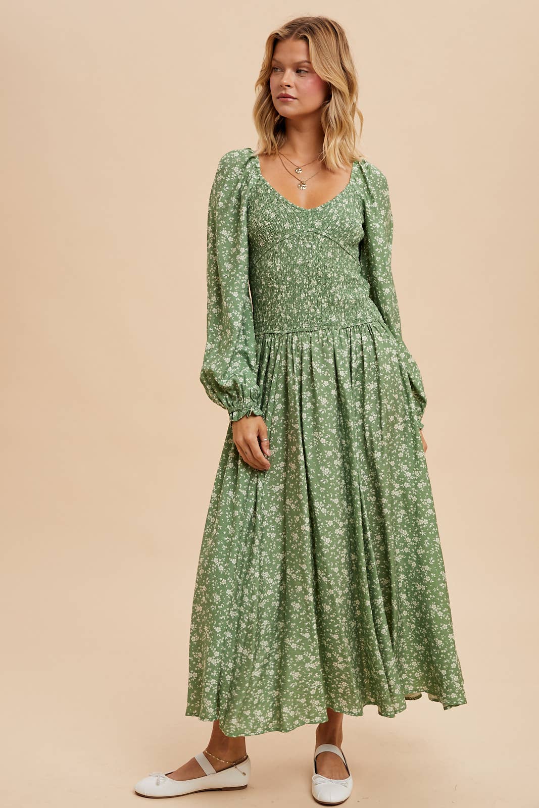 SMOCKED DROPWAIST MAXI DRESS