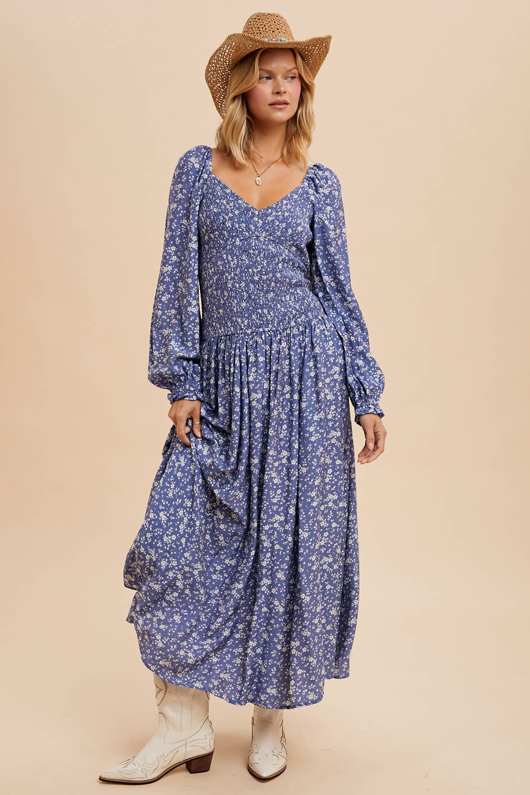 SMOCKED DROPWAIST MAXI DRESS