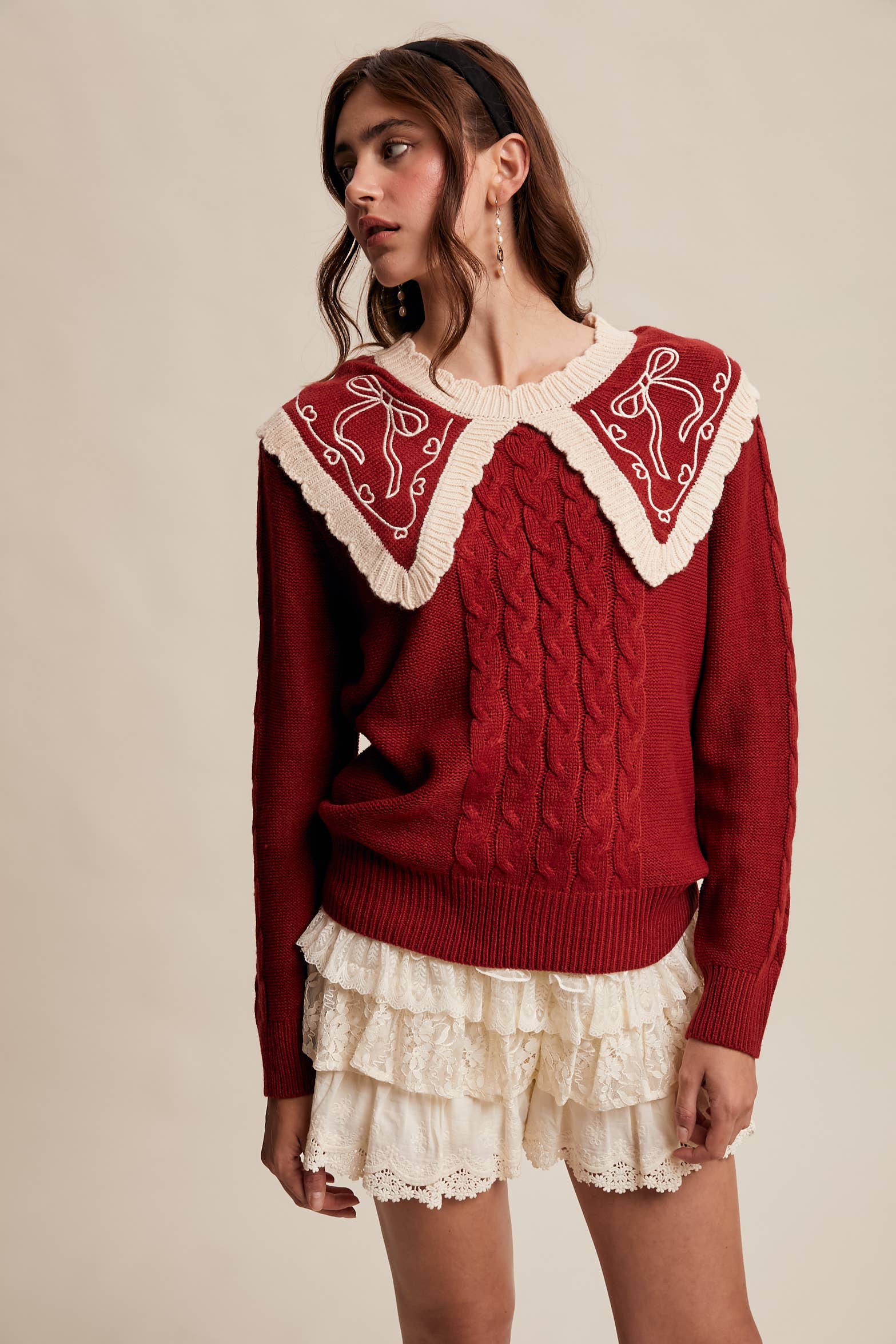Bow Embroidered Cable Knit Sweater LSW0975