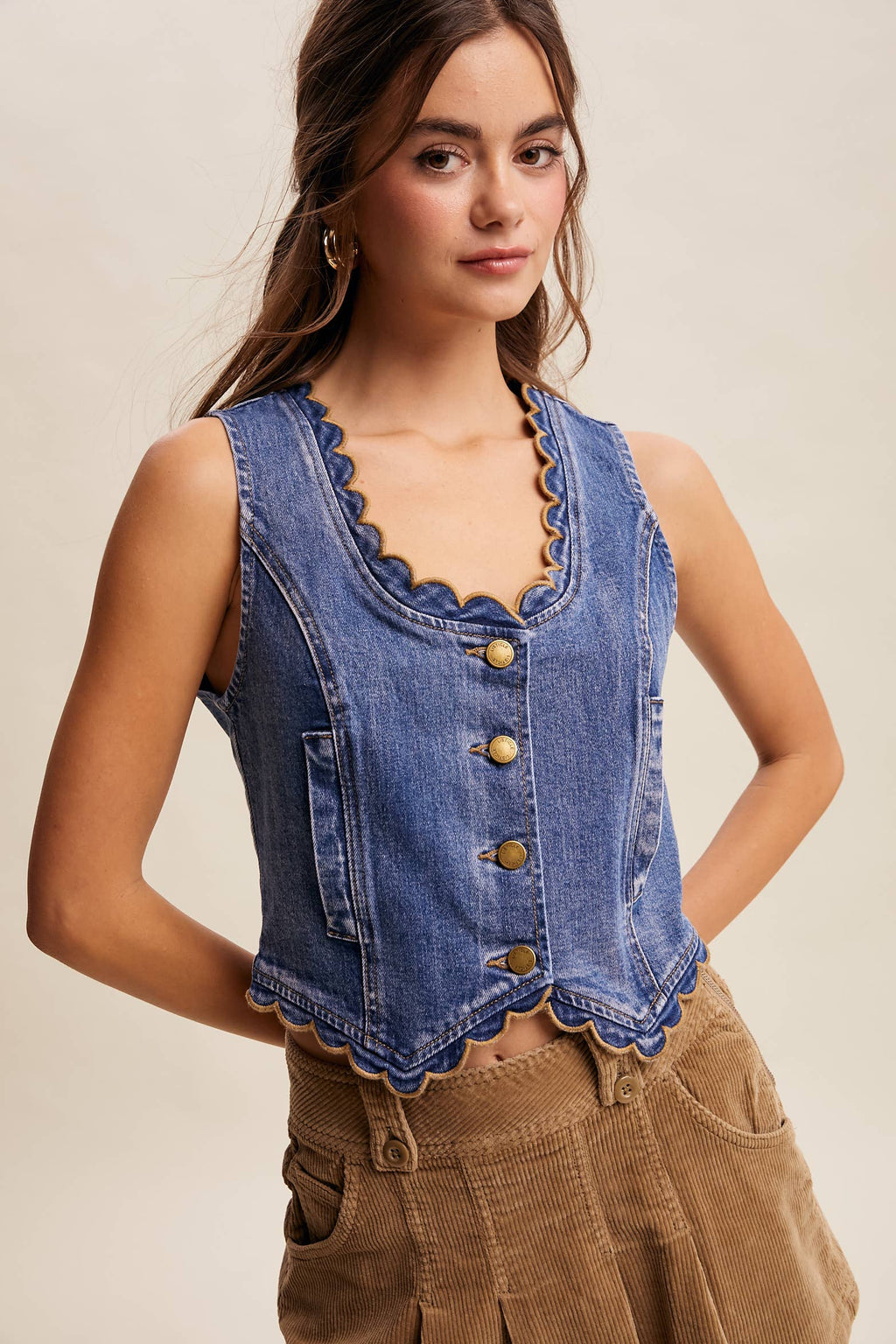 Scallop Trim Stretch Denim Vest
