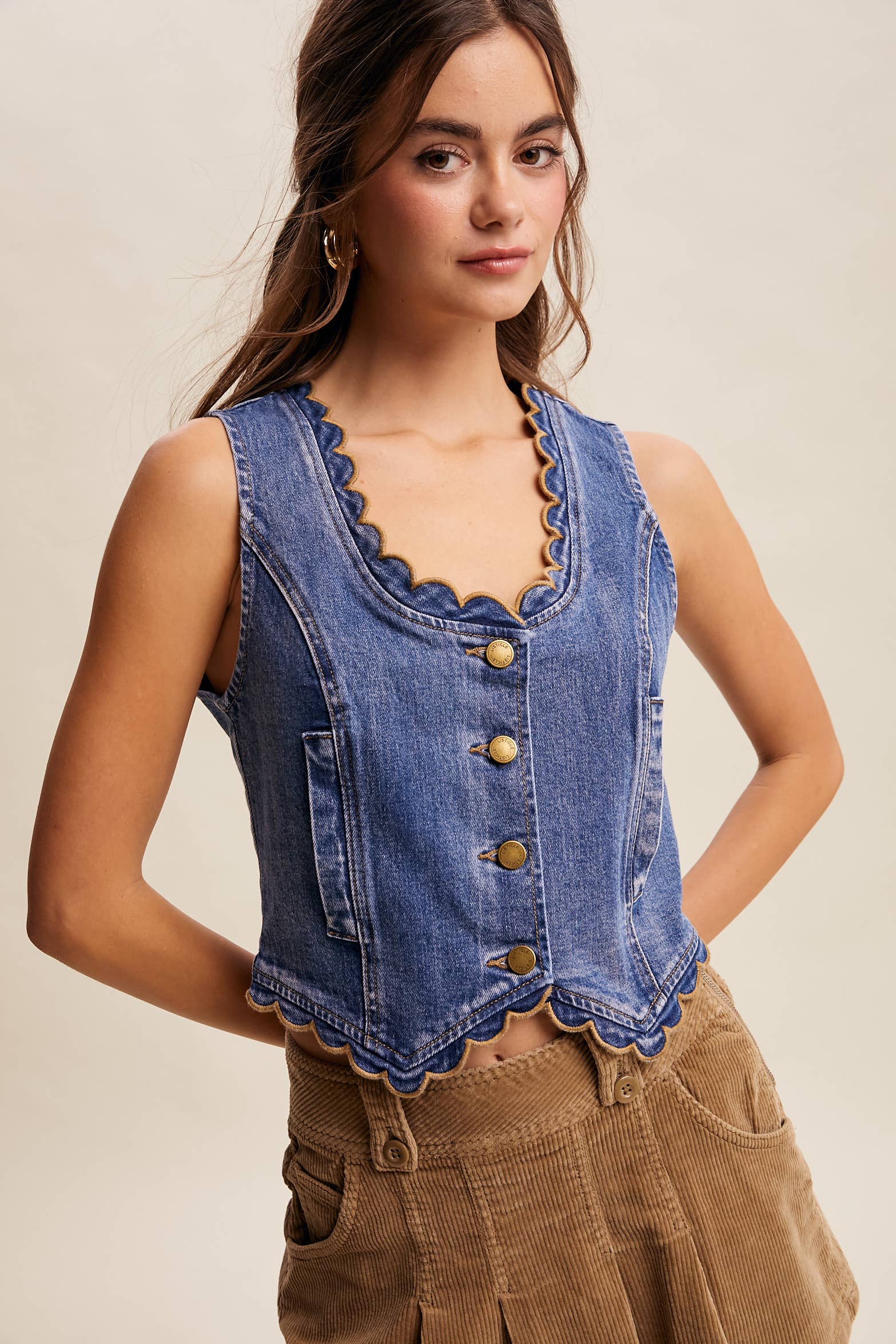 Scallop Trim Stretch Denim Vest