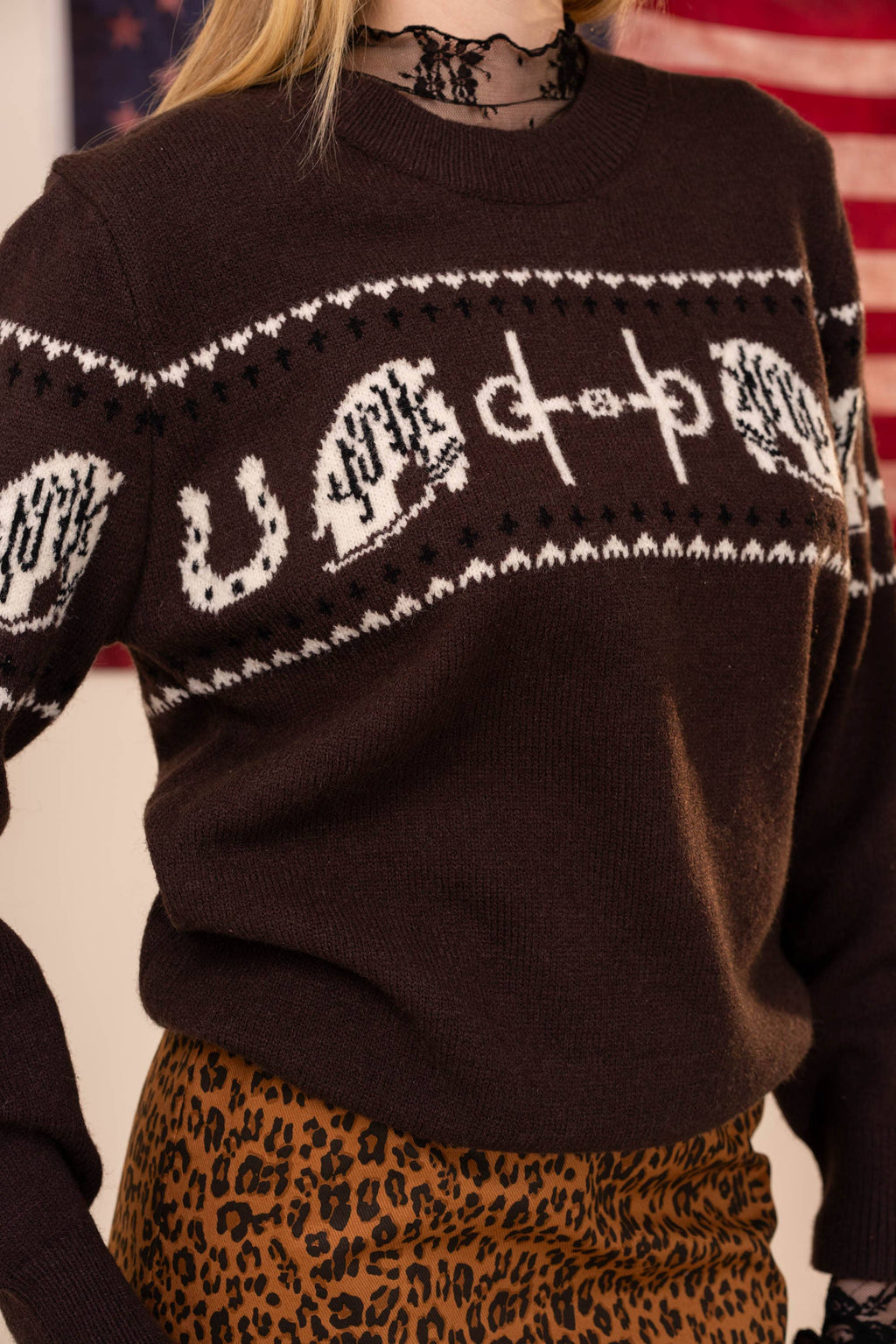 Horse Pattern Crew Neck Western Sweater