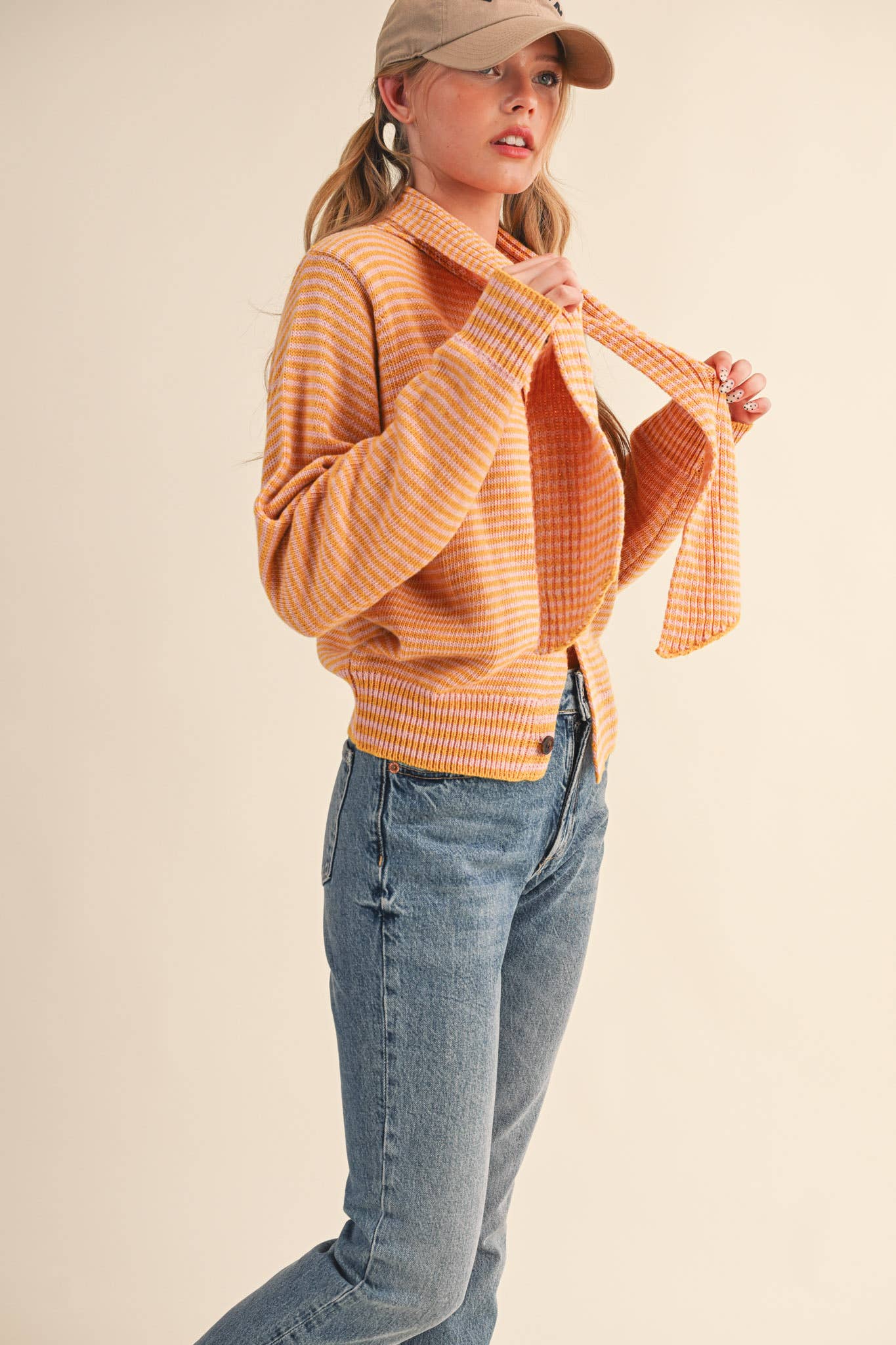 STRIPED TYING NECK SWEATER CARDIGAN MSW11125