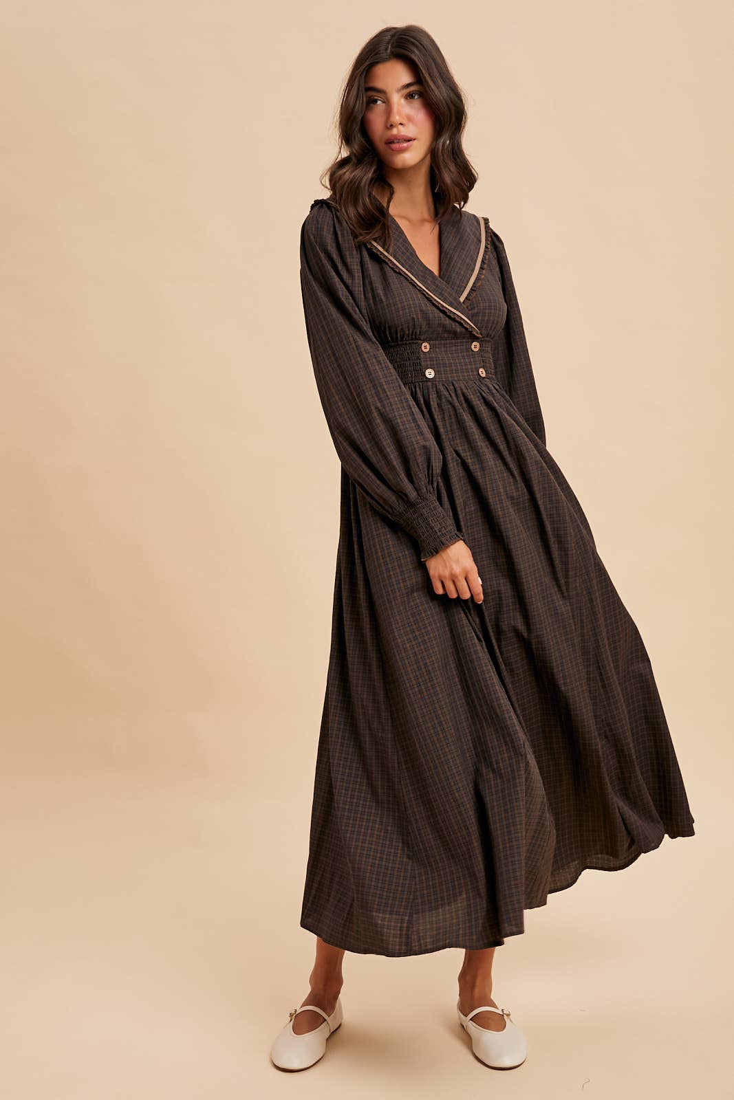 STATEMENT COLLAR SURPLICE PLAID MAXI DRESS