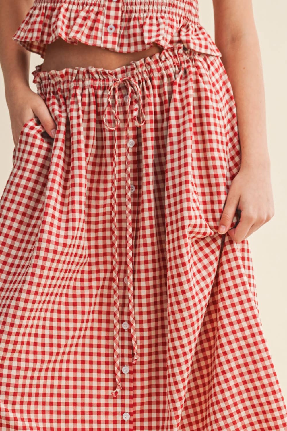 GINGHAM PATTERN BUTTON FRONT LONG SKIRT