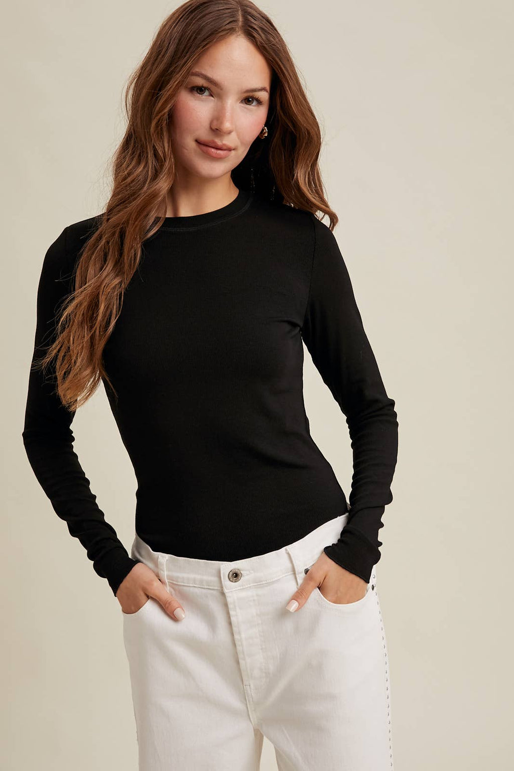BASIC RIBBED LONG SLEEVE KNIT TOP / WL25-10937