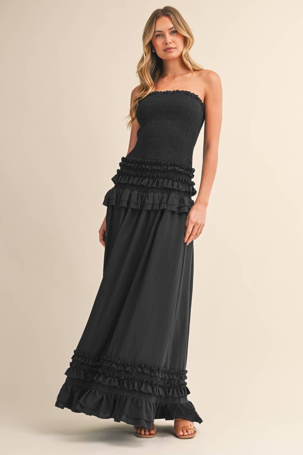 RUFFLED SMOCKED LOW WAIST MAXI DRESS