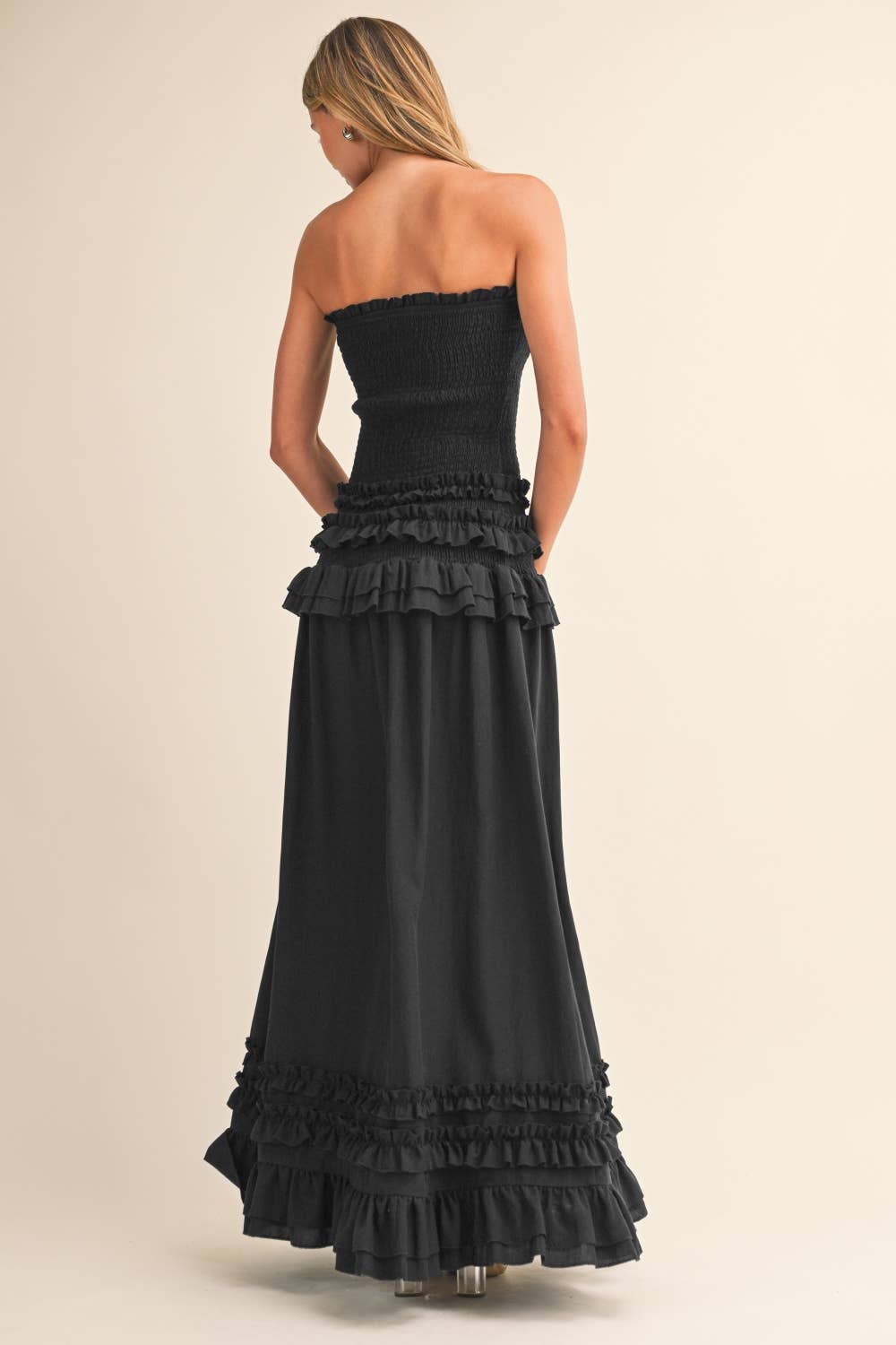 RUFFLED SMOCKED LOW WAIST MAXI DRESS