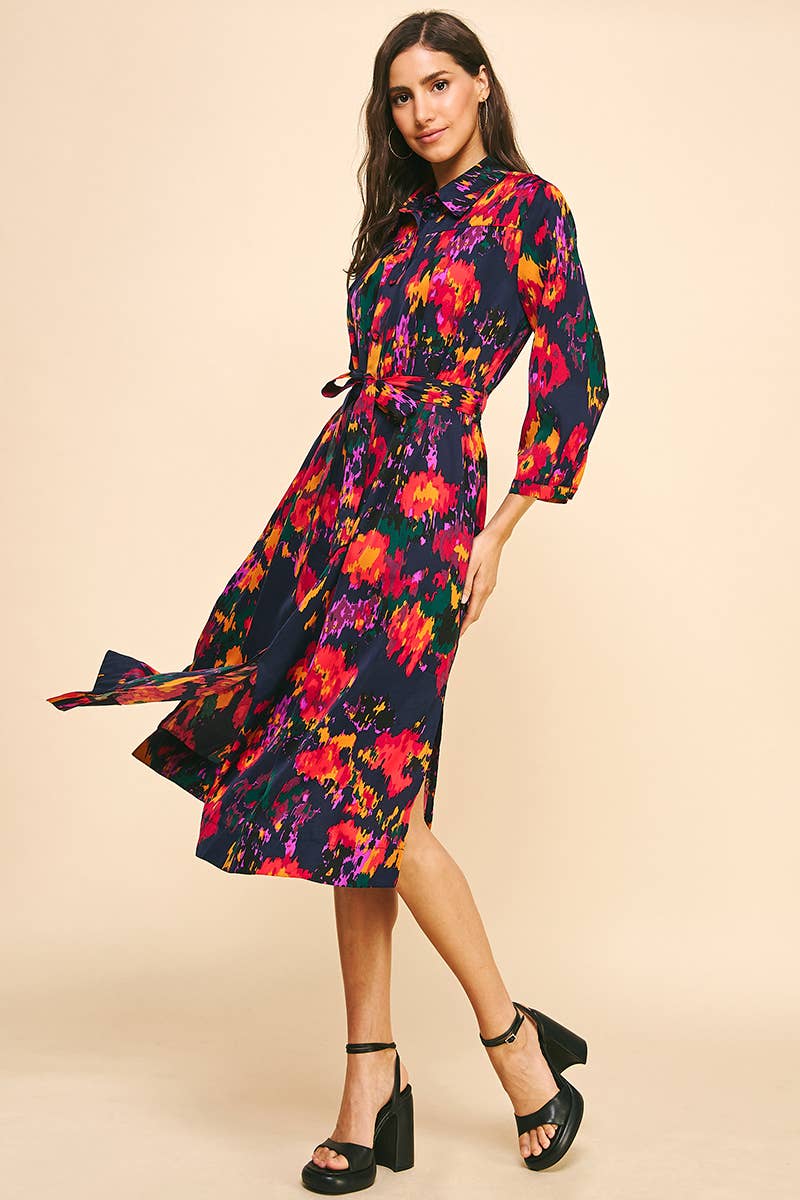 BUTTON DOWN MIDI DRESS - INK MULTI