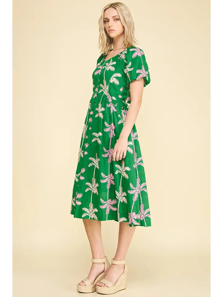 Palm Tree Print Button Down Midi Dress