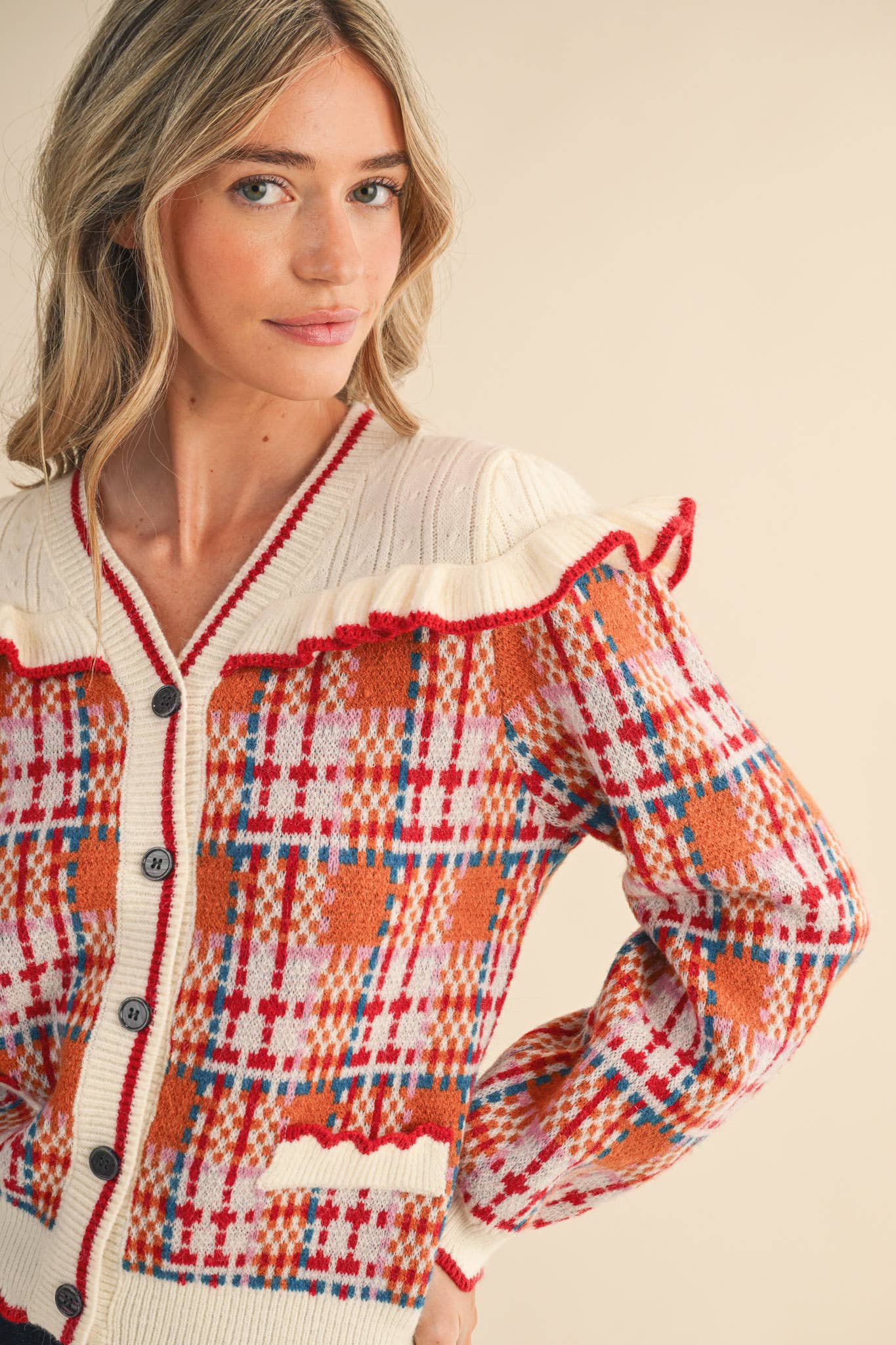 RUFFLED YOKE PLAID SWEATER CARDIGAN