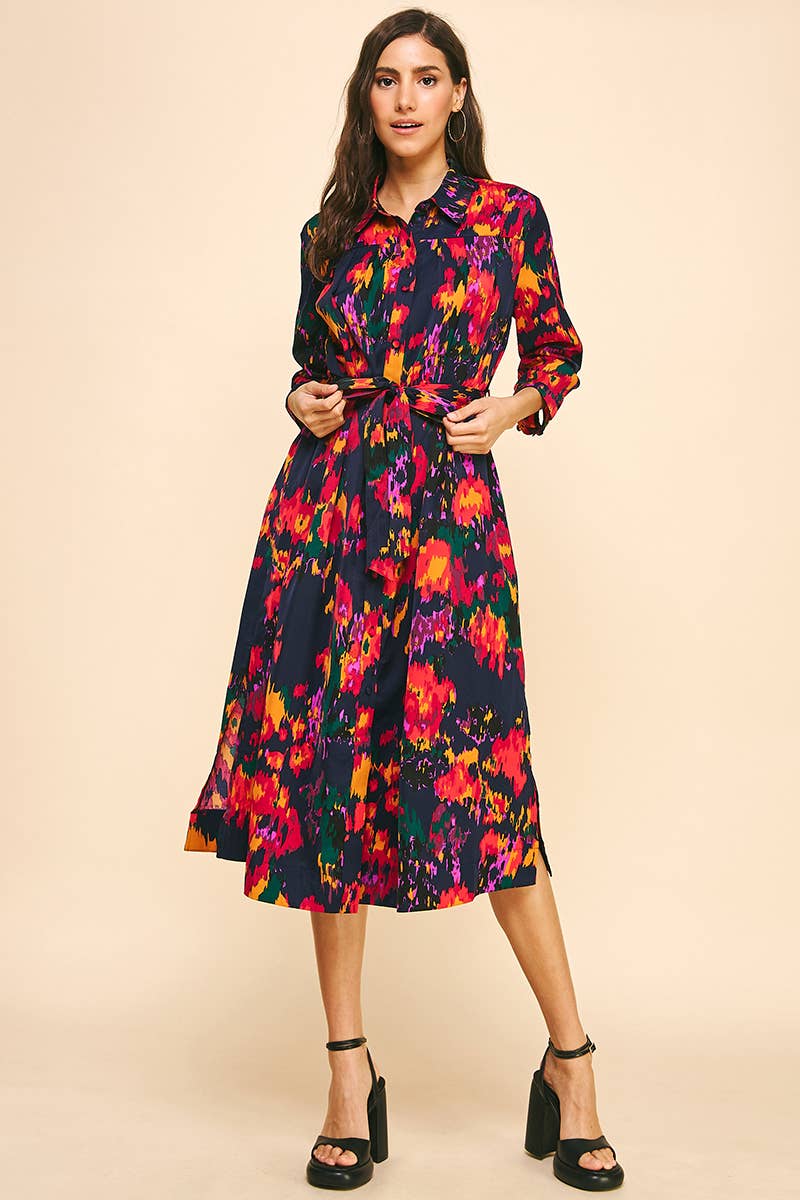BUTTON DOWN MIDI DRESS - INK MULTI