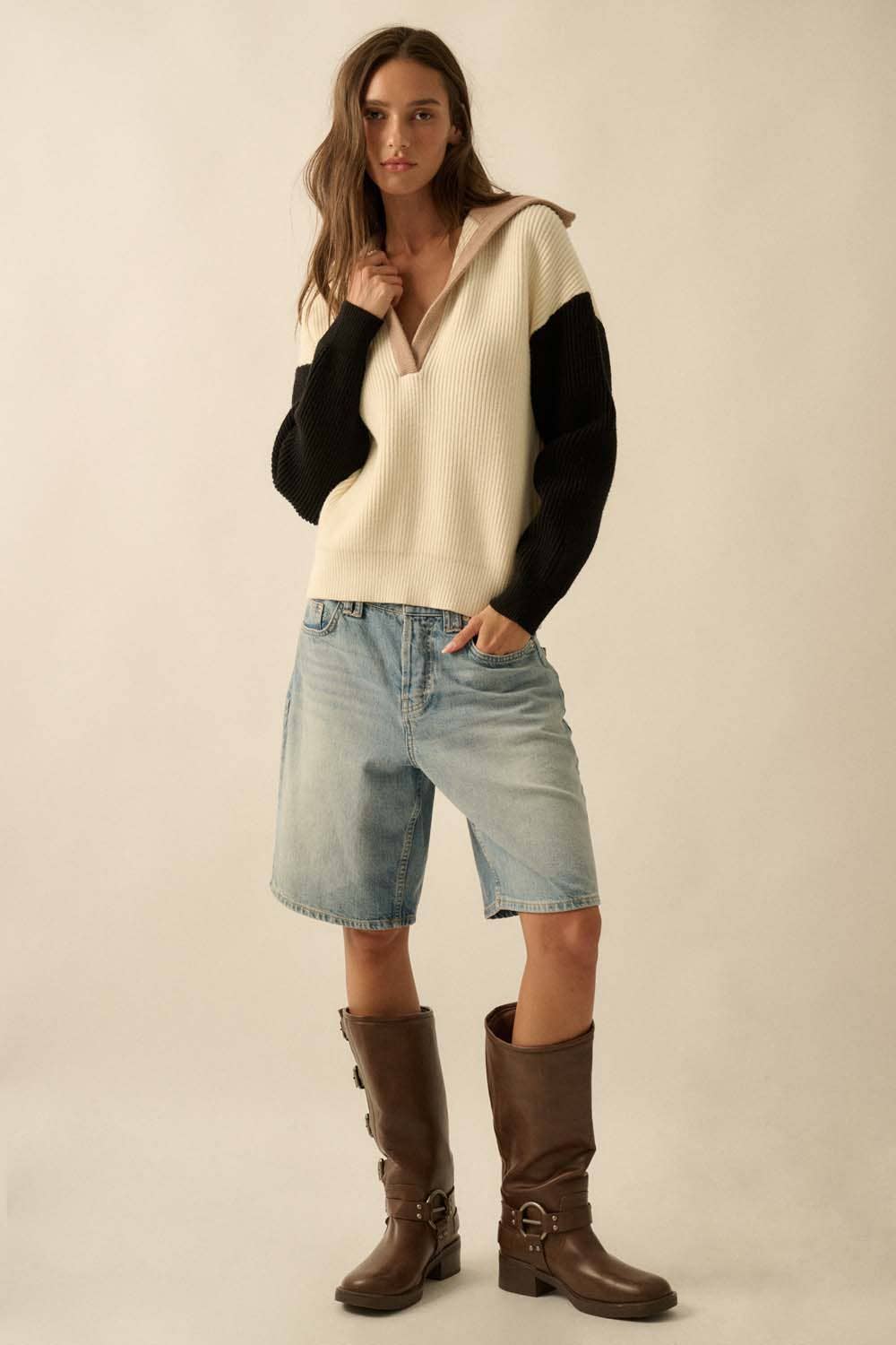 Colorblock Ribbed Knit Flap-Collar V-Neck Sweater