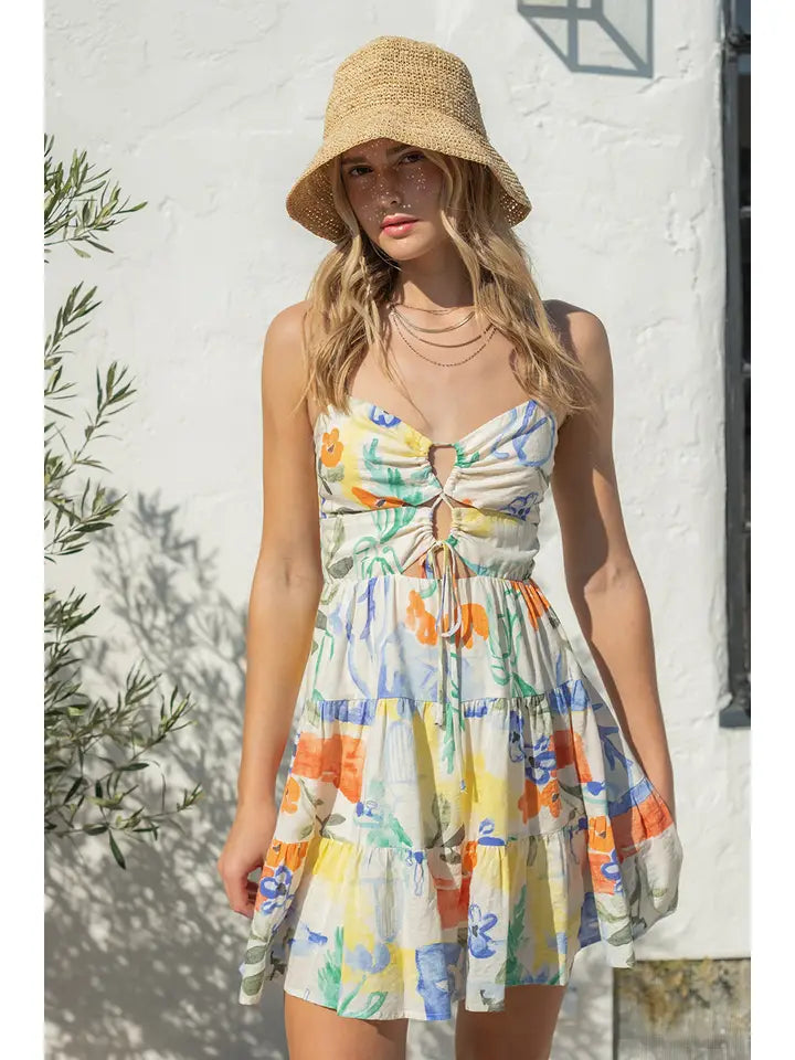 SPRING PRINTED MINI CUT OUT DRESS