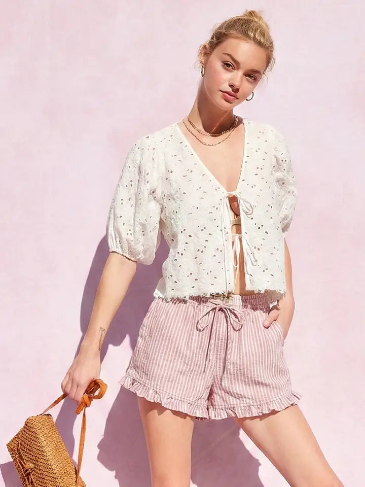 STRIPED COTTON RUFFLE SHORTS