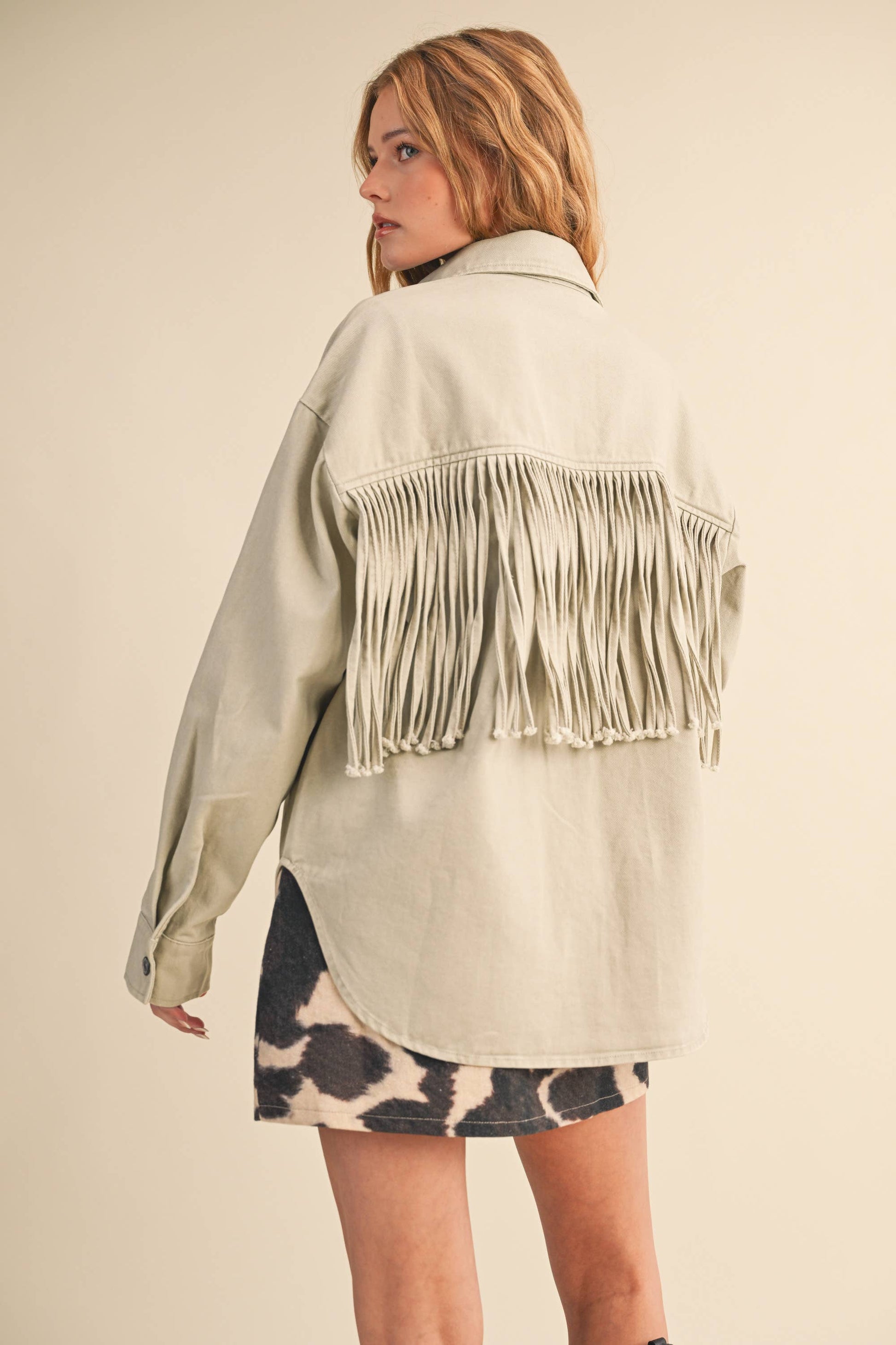 FRINGE DENIM BUTTON DOWN JACKET