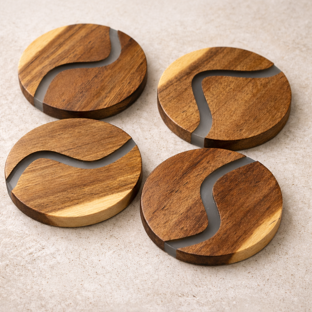 Ibiza Teak Wood & Resin Coaster Set – 4 Piece