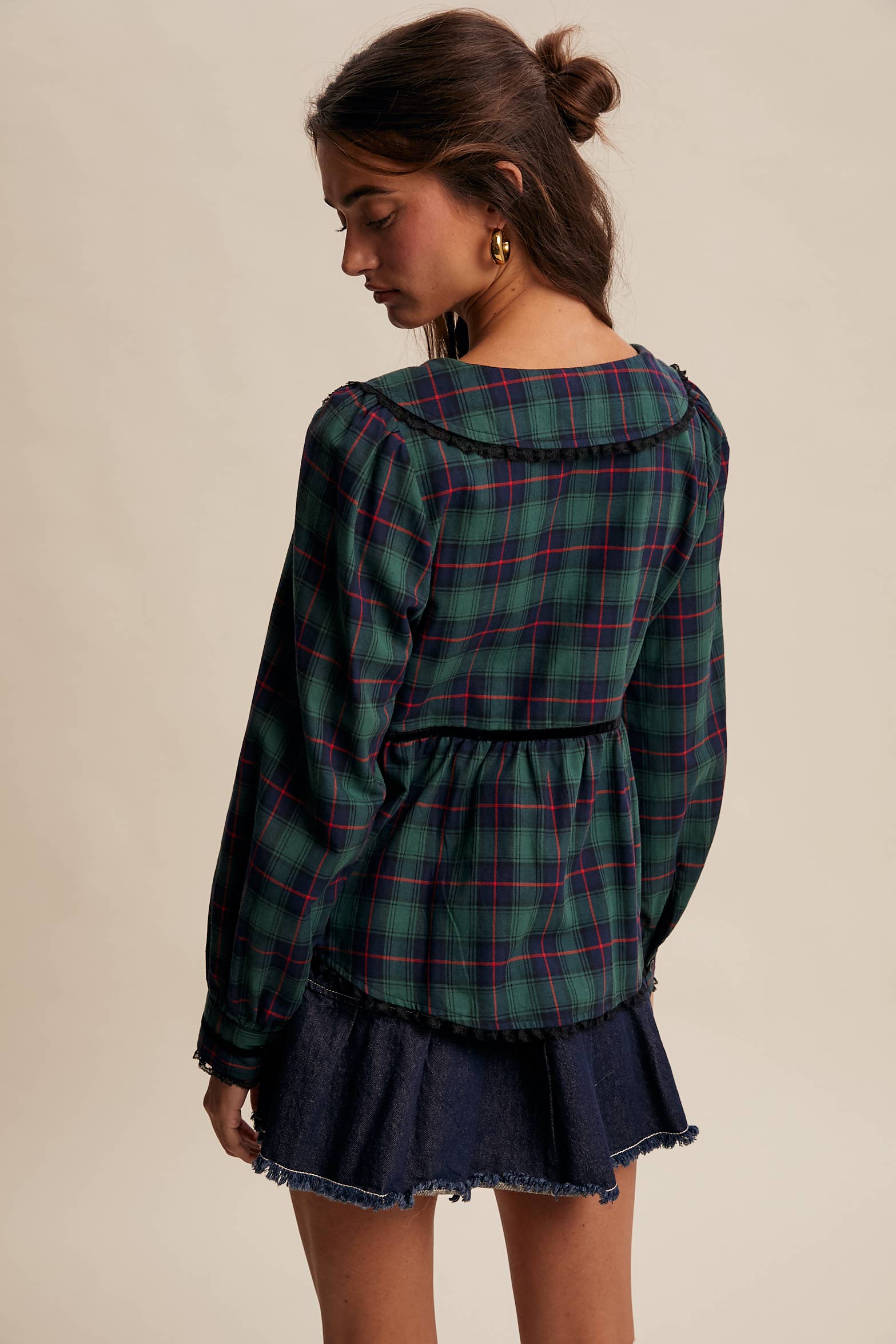 Plaid Velvet Trim Holiday Blouse LT1446