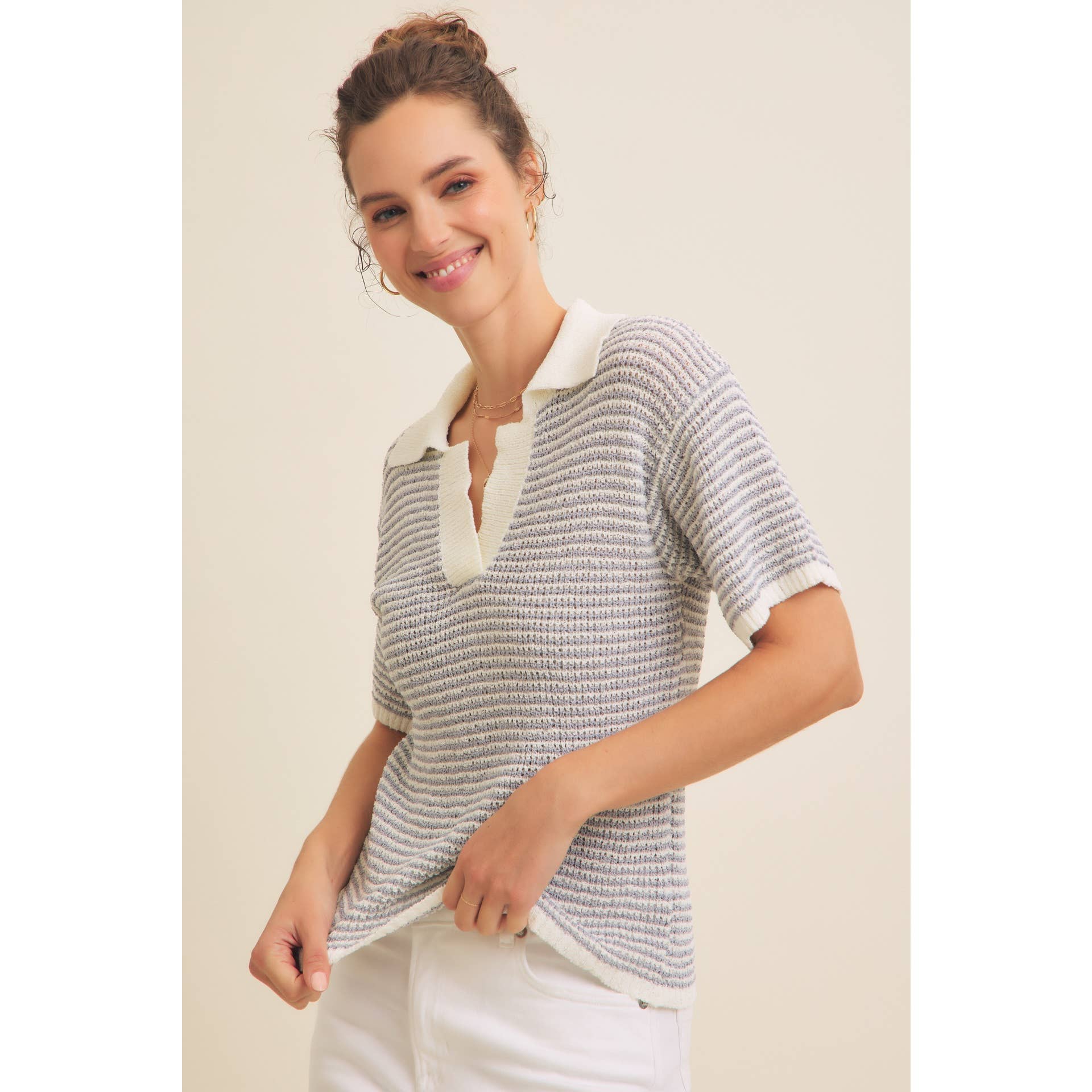 LIGHTWEIGHT BOUCLE SWEATER STRIPE TOP