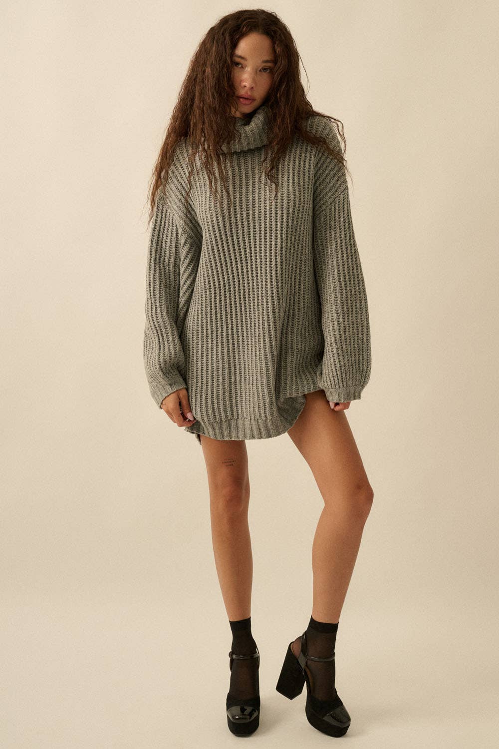 Rib Knit Turtle Neck Oversized Sweater