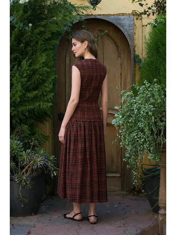 Smocked Top Plaid Midi Dress