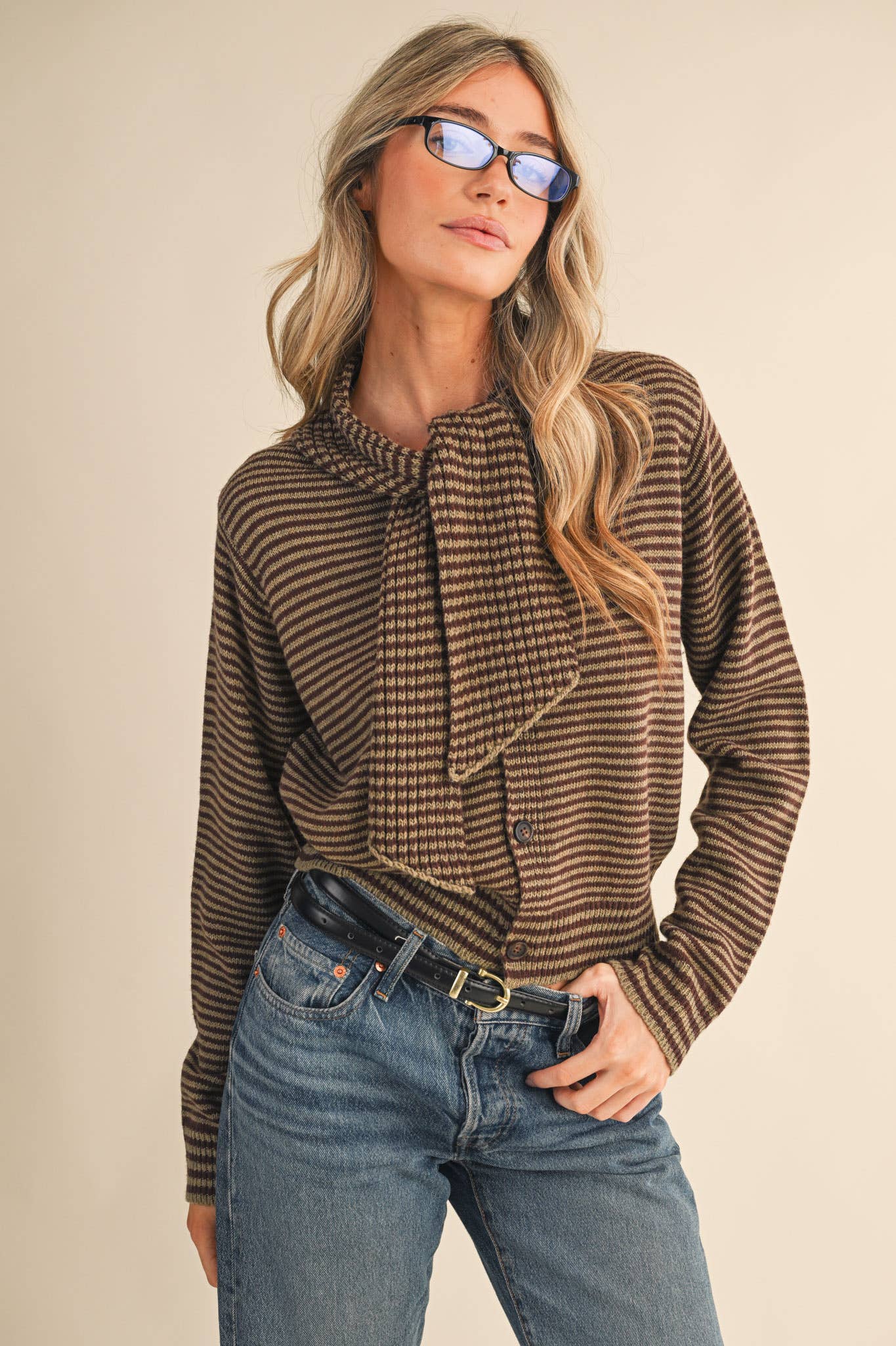 STRIPED TYING NECK SWEATER CARDIGAN MSW11125