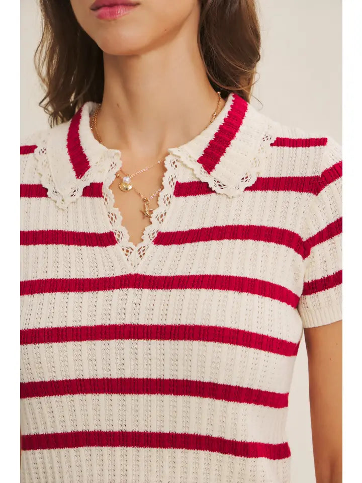 SWEET TIMELESS DELICATE CROCHET POINTELLE STRIPE SWEATER TOP