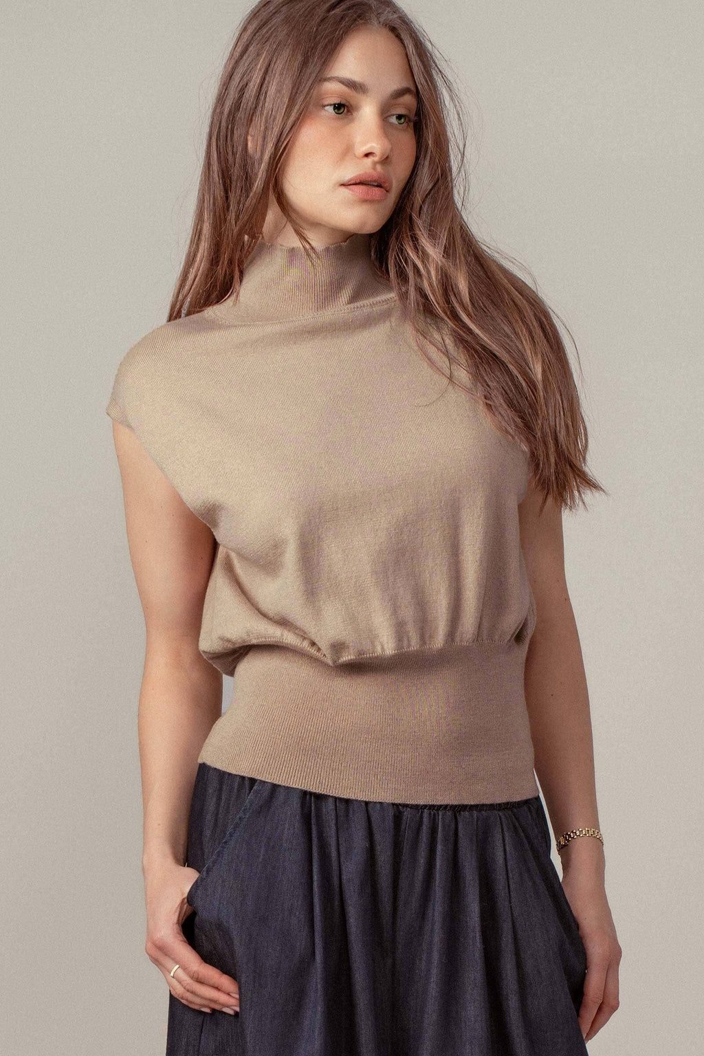 Sleeveless Mock Neck Wool Blend Knit Top