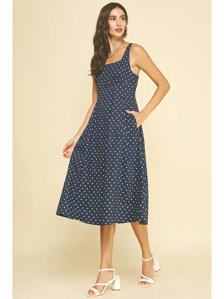 PINCH Polka Dot Flared Midi Dress - Navy & White A-Line Summer Gown
