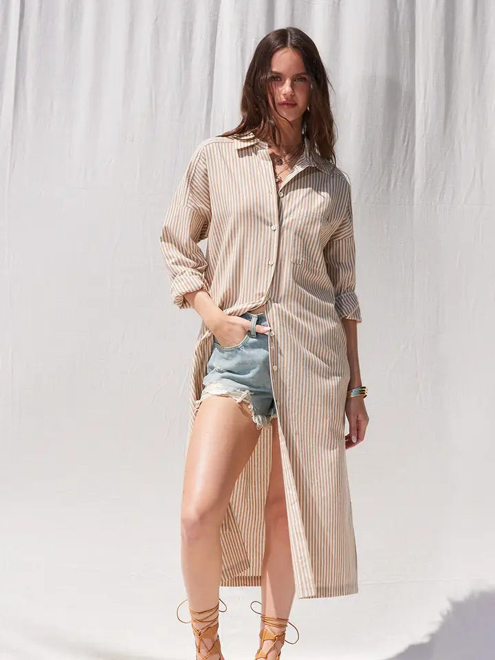 STRIPE MIDI SHIRT MIDI DRESS- TAUPE