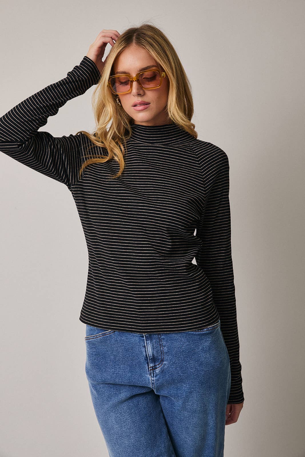 MOCK NECK RAGLAN LONG SLEEVE STRIPE KNIT TOP