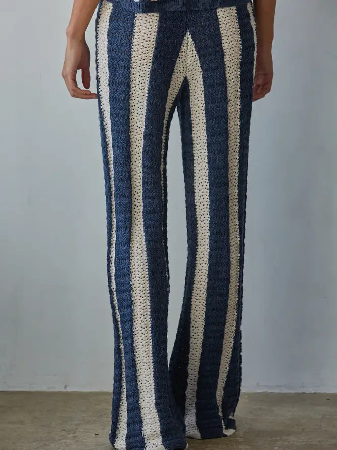 By Together Striped Sweater Pants - Denim Natural Straight Leg Knit Trousers