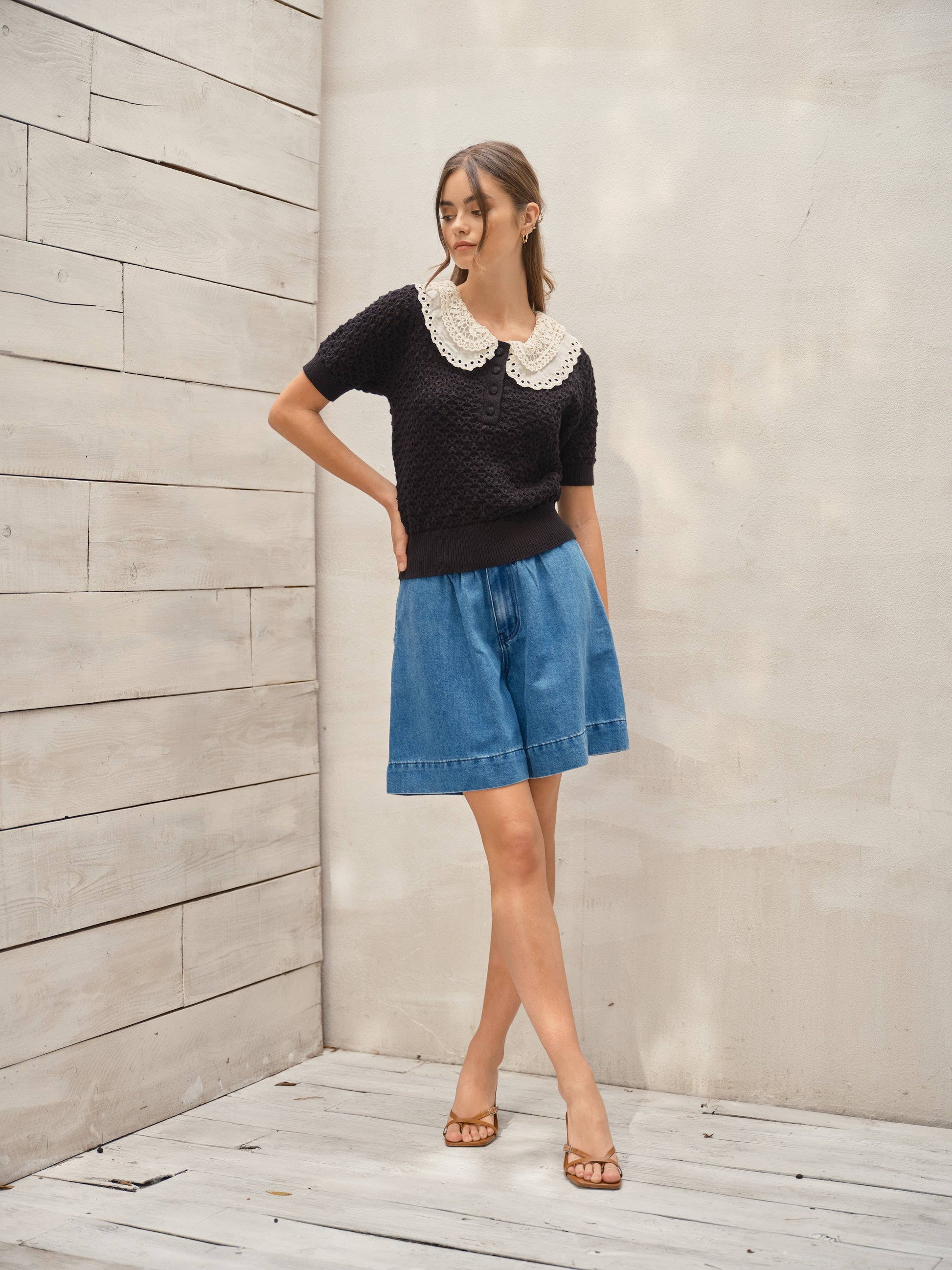 LACE COLLAR CROCHET SHORT SLEEVE SWEATER TOP