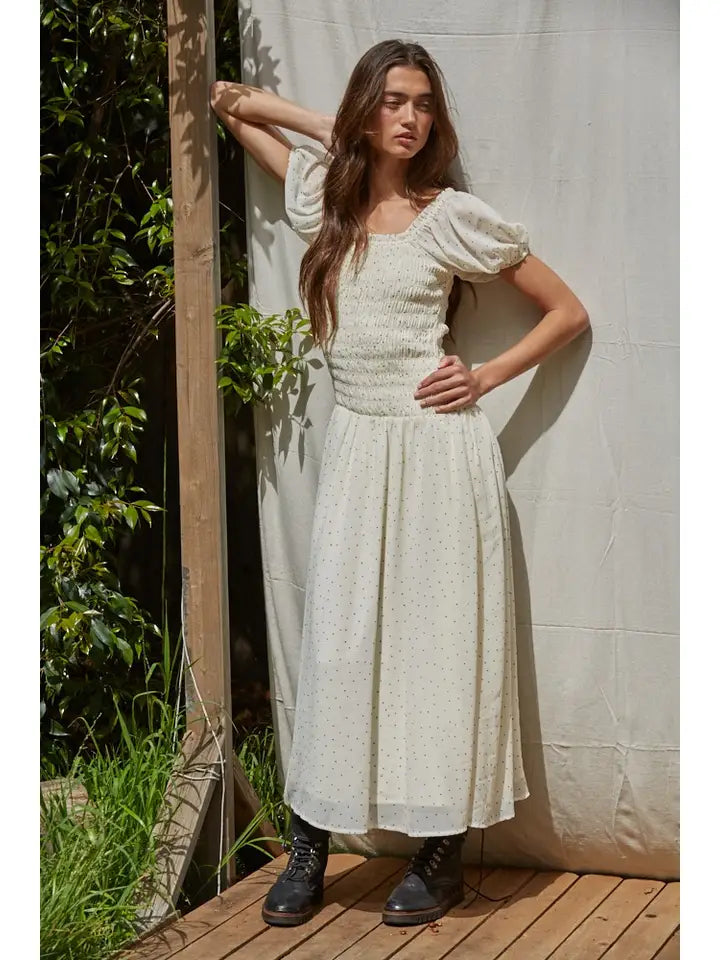 Woven Polyester Flocked Velvet Dot Print Flare Maxi