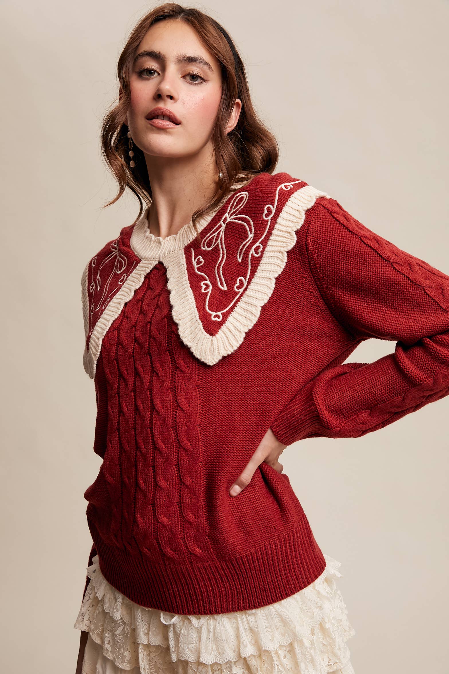 Bow Embroidered Cable Knit Sweater LSW0975