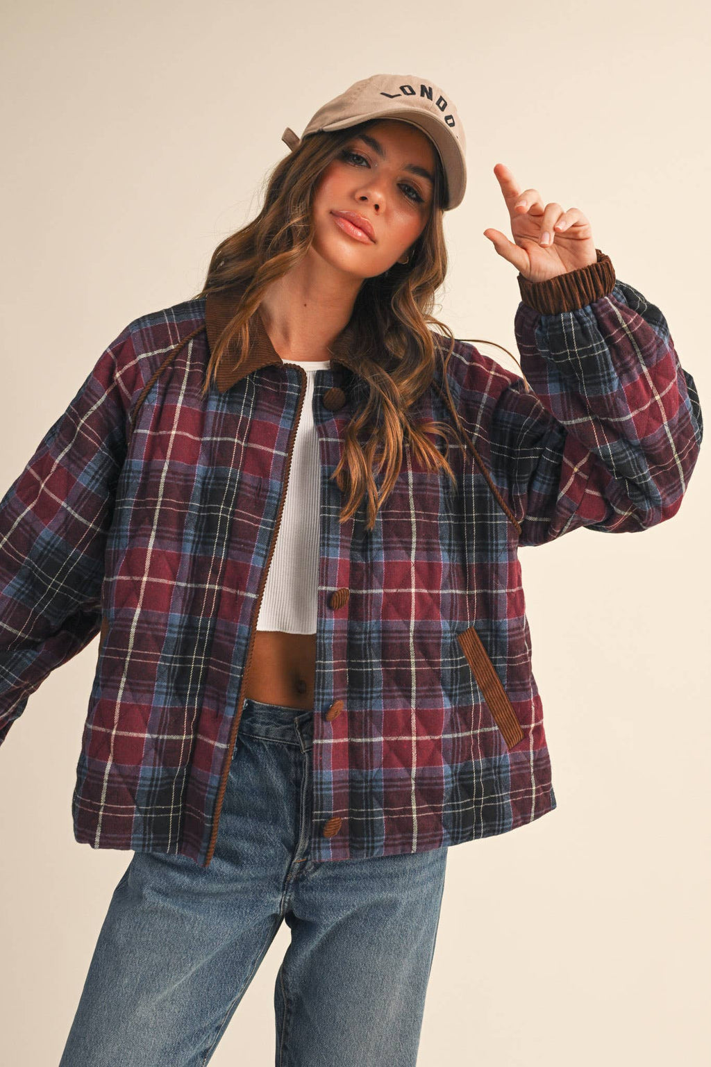 PLAID QUILTED JACKET WITH CONTRAST CORDUROY DETAIL MJK4115